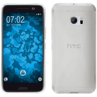 A clear silicone case for an HTC 10 phone is shown from the front and back.