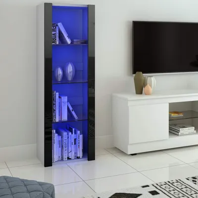 Produktbild von Vitrinenschrank mit RGB LED-Beleuchtung 3 Glasböden 55 x 35 x 166 cm Weiß+Schwarz