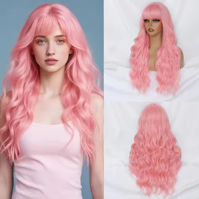 Productafbeelding van Lange Wavy Roze Perucque met Bangs - 22 Inch voor Cosplay