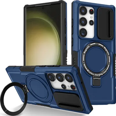 Produktbild von Handyhülle für Samsung Galaxy S23 Ultra Kompatibel mit MagSafe, Robuste Hülle mit Schiebe Kamera Schutz, Magnetischer Ringständer Blau
