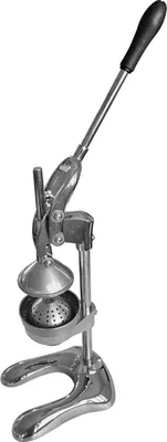 A chrome and black manual juicer on a white background.
