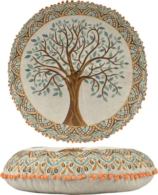 Image de Coussin de sol Guansha, 60 x 15 cm, en coton, coussin de siège rond brodé avec un motif d'arbre de vie, rembourrage en coton recyclé. Coussin de yoga, coussin de méditation et décoration bohème pour l'intérieur