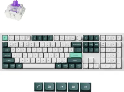 A top-down view of a white mechanical keyboard with dark green and light green keycaps, and a single purple switch shown above it.