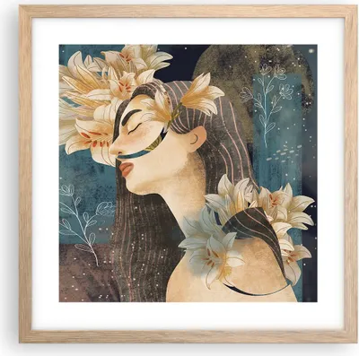 Produktbild von Gerahmtes Poster - Rahmen in heller Eiche - Surreal Frau Blumen - 40x40 cm - Wand Bild - Wanddeko - Wandbilder - Kunstposter - Wandposter - Bilderrahmen - Bilder - Kunstdruck - P2NAC40x40-4743