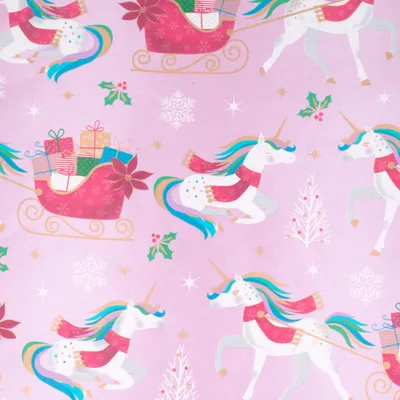 Produktbild von Geschenkpapier Einhorn mit Weihnachtsschlitten 70cm x 2m Rolle Rosa