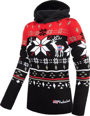 Produktbild von Nebulus Norweger Strick-Hoodie NORJAN Damen, warmer Hoody , schicker Pullover im Norweger-Style , P6186 - Damen, schwarz-rot, L/40