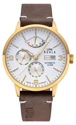 Produktbild von UMR RUHLA Automatik Herrenuhr - Limited Edition von 200 Stück - Lederband in Braun - goldenes Gehäuse und Zahlen