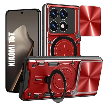 Image de Coque pour Xiaomi 15T, Antichoc Rigide avec Anneau et Protection Objectif Coulissante - Rouge