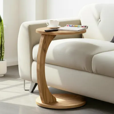 Produktbild von Carenza Home Beistelltisch C-Form, Sofatisch mit Rollen, Couchtisch rund Holz Optik, Laptoptisch Couch, 56 x 38 cm, Eiche