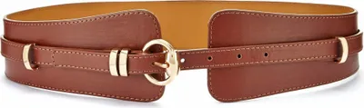 A brown leather belt with a gold buckle is displayed against a white background.