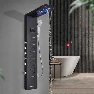 Produktbild von Linuode LED-Licht Duscharmatur Badezimmer SPA Massage Jet Duschsäulensystem Wasserfall Regen Duschpaneel Bidet Sprayer Tap,8013 Schwarz