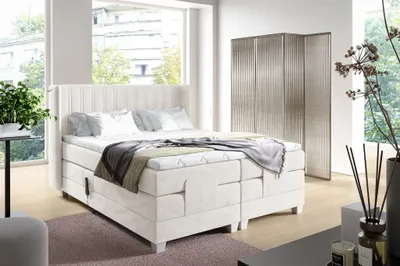 A bedroom scene featuring a large, upholstered bed with a headboard, bedside table with a plant, and a decorative screen in the background.