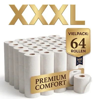 Produktbild von Roxlin Premium Toilettenpapier, 3-lagig, 64 Rollen, 160 Blatt, Ultraweich, Saugstark, Hautfreundlich, Reißfest, s Design
