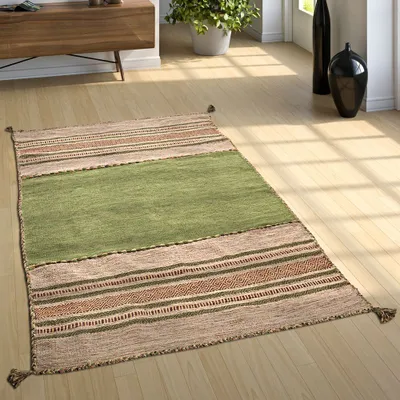 Image de Tapis de salon naturel avec franges, motif kilim tissé à la main, 100% coton Taille 120x170 cm
