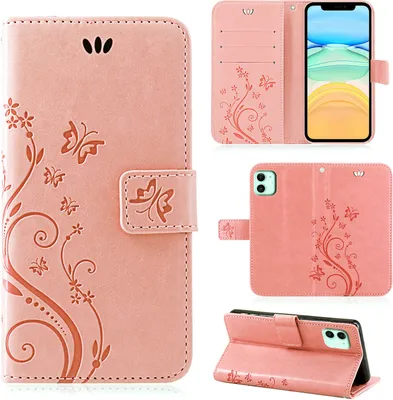 Produktbild von iPhone Handy Tasche Handyhülle Schutz Hülle Blumen Flip Cover Buch Case Etui Apple iPhone 11 Rosegold