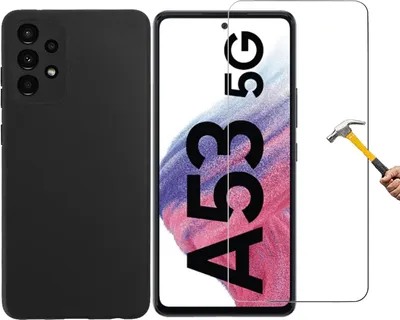 Produktbild von 2in1 Schutzglas Schutzhülle kompatibel mit Samsung Galaxy A53 Silikon Case und Panzerglas TPU Hülle Flexibel Cover Schwarz Handyhülle Glasfolie 9H Härte Schutzfolie Handyschutz
