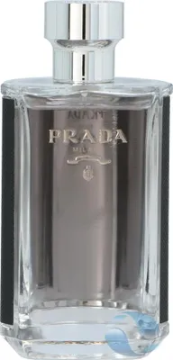 A clear, front-facing studio shot of a Prada L'Homme Eau de Toilette bottle.