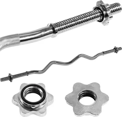A set of weightlifting equipment, including a curl bar and weight collars, displayed against a white background.