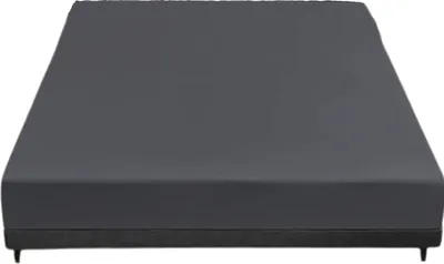 A dark gray mattress protector is shown on a bed frame against a white background.