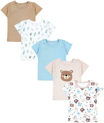 Produktbild von TupTam Baby Jungen Kurzarm T-Shirt mit Aufdruck Unifarben Sterne Streifen 5er Set, Farbe: Bärchen Blätter Beige Eisberg, Größe: 104