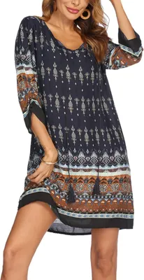 Productafbeelding van Dames tuniekjurk met bloemenprint, driekwart mouwen en ronde hals, luchtige zomerjurk in boho-stijl