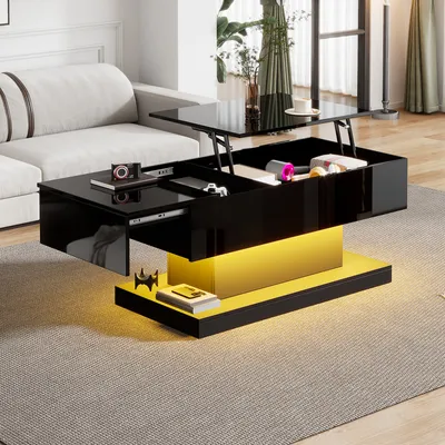 Obrázek produktu pro Konferenční stolek Abrihome s LED osvětlením a úložným prostorem, lesklý zvedací čajový stolek 100x50x45 cm, černý