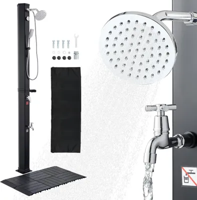 Zdjęcie produktu dla VEVOR Prysznic solarny 40 l, prysznic ogrodowy 2290 mm, prysznic zewnętrzny, w zestawie zestaw płyt podłogowych, armatura ręczna i nożna, regulacja ciepłej i zimnej wody, prysznic kempingowy do ogrodu, basenu, basenu plażowego, czarny