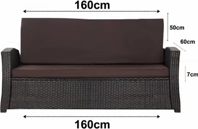 A front view of a brown outdoor sofa cushion with dimensions indicated by text overlays.