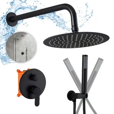 Produktbild von Unterputz Duschsystem Schwarz Matt, 25 cm Regendusche mit Handbrause, 2-Funktionen, Einbaukörper-Box, Duscharmatur Komplettset