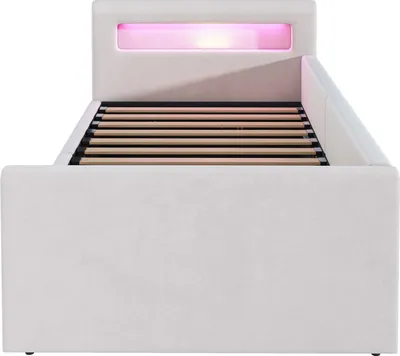 Image de OKWISH Lit Coffre 90x200 cm - Lit Simple avec Rangement et Ports USB, Lit Dossier Rembourré en Velours et Métal, Sans Matelas - Beige