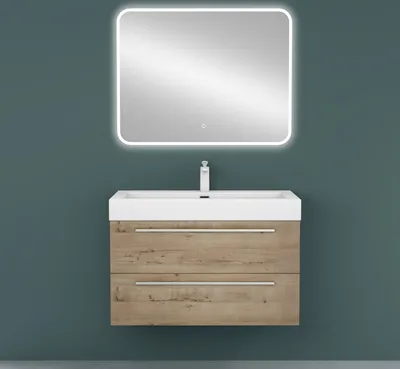 Produktbild von Mai & Mai Badmöbelset Komplett Set Waschbeckenunterschrank 90cm Unterschrank mit Waschschbecken aus Mineralguss und LED-Badspiegel Quadratto