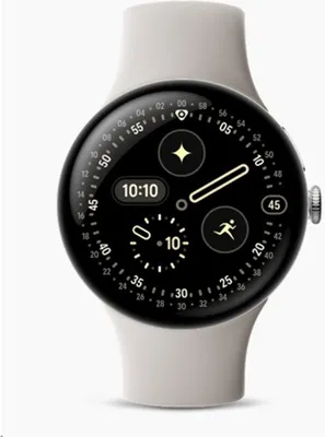 A close-up of a Google Pixel Watch with a digital watch face displayed.
