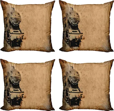 Produktbild von ABAKUHAUS Dampfmaschine Kissenbezug Set (4 Stück), Im Alter von Eisen Zug, Moderner Doppelseitiger Digitaldruck, 40 cm x 40 cm, Braun