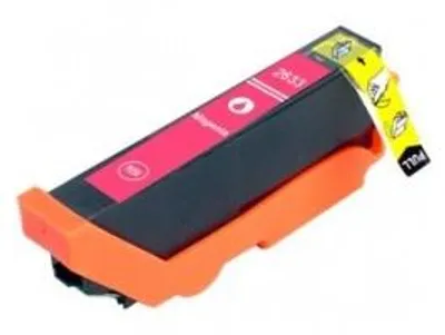 A magenta ink cartridge is shown in an orange plastic holder against a white background.