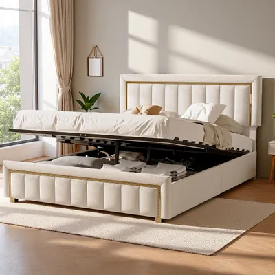 Obrázek produktu pro Postel INONEFT, čalouněná, rozměr 160x200 cm, s úložným prostorem, dvojlůžko s hydraulickým úložným prostorem a nastavitelnou opěrkou hlavy, vhodná pro mládež, potah z veluru, bez matrace, barva: béžová