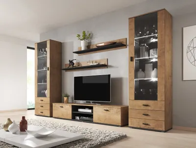 Produktbild von Furniture24 Wohnwand SOHO 4 mit Blauer LED Beleuchtung, Anbauwand, Wohnzimmerschrank, Schrankwand, Vitrine, Lowboard, Hängeregal Lefkas Eiche/Schwarz