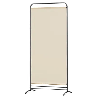A freestanding room divider with a beige fabric panel and a black metal frame, shown against a white background.