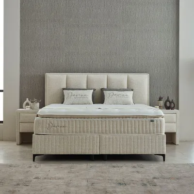 Produktbild von Boxspringbett Davina 180 x 200 cm mit 2 Nachtkonsolen Beige Voll-orthopädisches Komfortbett mit Bettkasten, inkl. Lieferung und Montage
