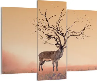 Produktbild von Bild auf Leinwand - Leinwandbild - Hirsch Baum Nebel Wald - 130x100cm - Wand Bild - Wanddeko - Leinwanddruck - Bilder - Kunstdruck - Wanddekoration - Leinwand bilder - Wandkunst - CB130x100-3127