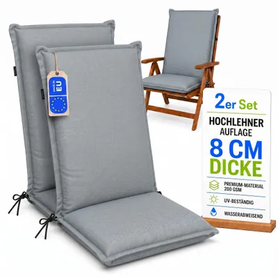 Produktbild von Pillows24 - 2x Hochlehner Auflagen 120x50x8 cm | Bequeme & Wetterfeste Gartenstuhlauflagen | Polster Sitzkissen für Gartenmöbel | EU | Grau