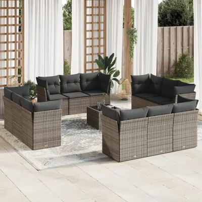 Produktbild von Design 13-tlg. Garten-Sofagarnitur mit Kissen Grau Poly Rattan, Gartenmöbel-Sets 2024 Neu
