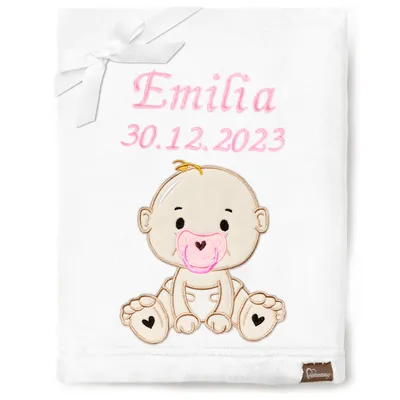 Produktbild von Be Mammy Babydecke mit 3D Applikation bestickt mit Name und Geburtsdatum 76 x 102 cm BE20-280 (Weiß – Mädchen, 76 x 102 cm)