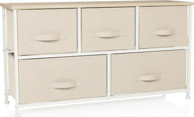 A fabric dresser with five drawers and a wooden top, shown against a white background.