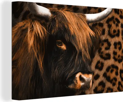 Produktbild von OneMillionCanvasses® - Leinwandbilder - 150x100 cm, Pantherdruck - Schottisches Hochlandrind - Design, Wandbilder Wohnzimmer Hochland Rind - Tier Wanddekoration - Hochland Rind - Kuh - Gemälde auf