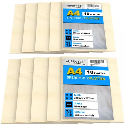 Immagine prodotto di AUPROTEC, 10 fogli di compensato di betulla, formato A4, spessore 6 mm. Pannelli multistrato di betulla (210 mm x 297 mm) per lavori di bricolage e taglio con sega a traforo. Pannelli in legno massello di betulla, qualità industriale