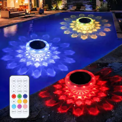 Produktbild von 2x RGB Solar Poolbeleuchtung 15cm, Schwimmende Poolleuchte mit Fernbedienung, 1200mAh Batterie, IP68 Wasserdichte Poolleuchten für Wanne, Schwimmbad