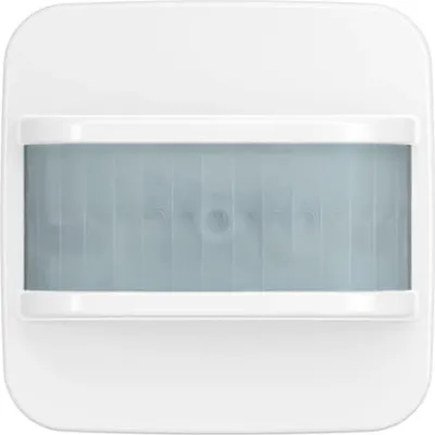 A close-up studio shot of a white motion sensor.