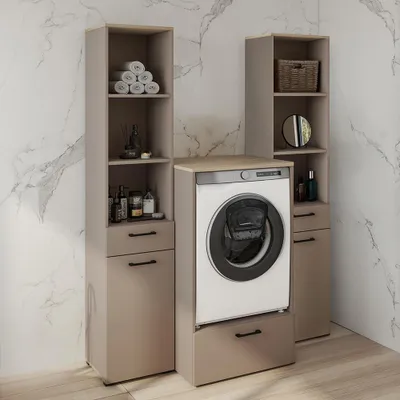 Produktbild von Hauswirtschaftsraum-Set in beige mit Eiche, Waschmaschinenschrank & 2 Hochschränke, 3-teilig - RISAN-83