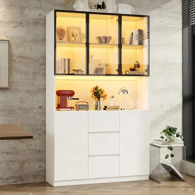 Produktbild von Flieks LED-beleuchtete Glasvitrine mit offenen Regalen, drei Schubladen und zwei Türen, Vitrine aus gehärtetem Glas, Highboard 120x40x200cm, Weiß