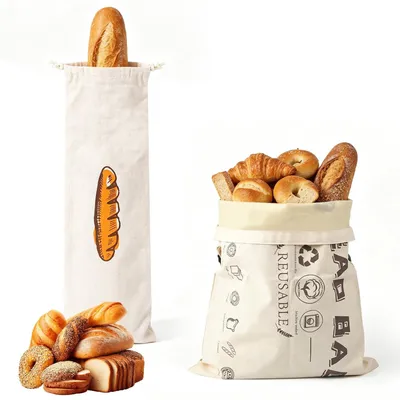 Immagine prodotto di 2 sacchetti di cotone riutilizzabili per il pane, ideali per conservare il pane